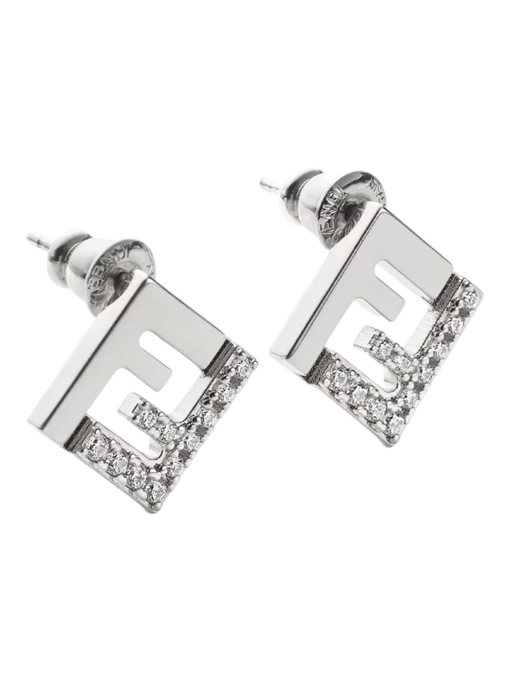 Fendi FF Logo Crystal Stud Earrings Silver Tone Like New With Box